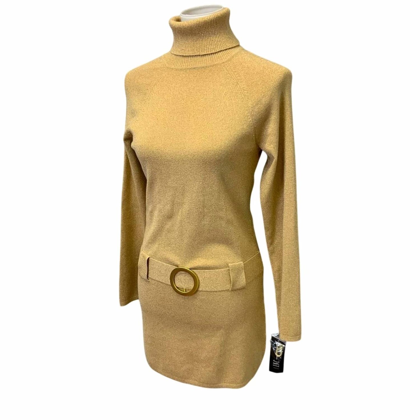 Women's Turtleneck Low Belt Sweater Mini Dress