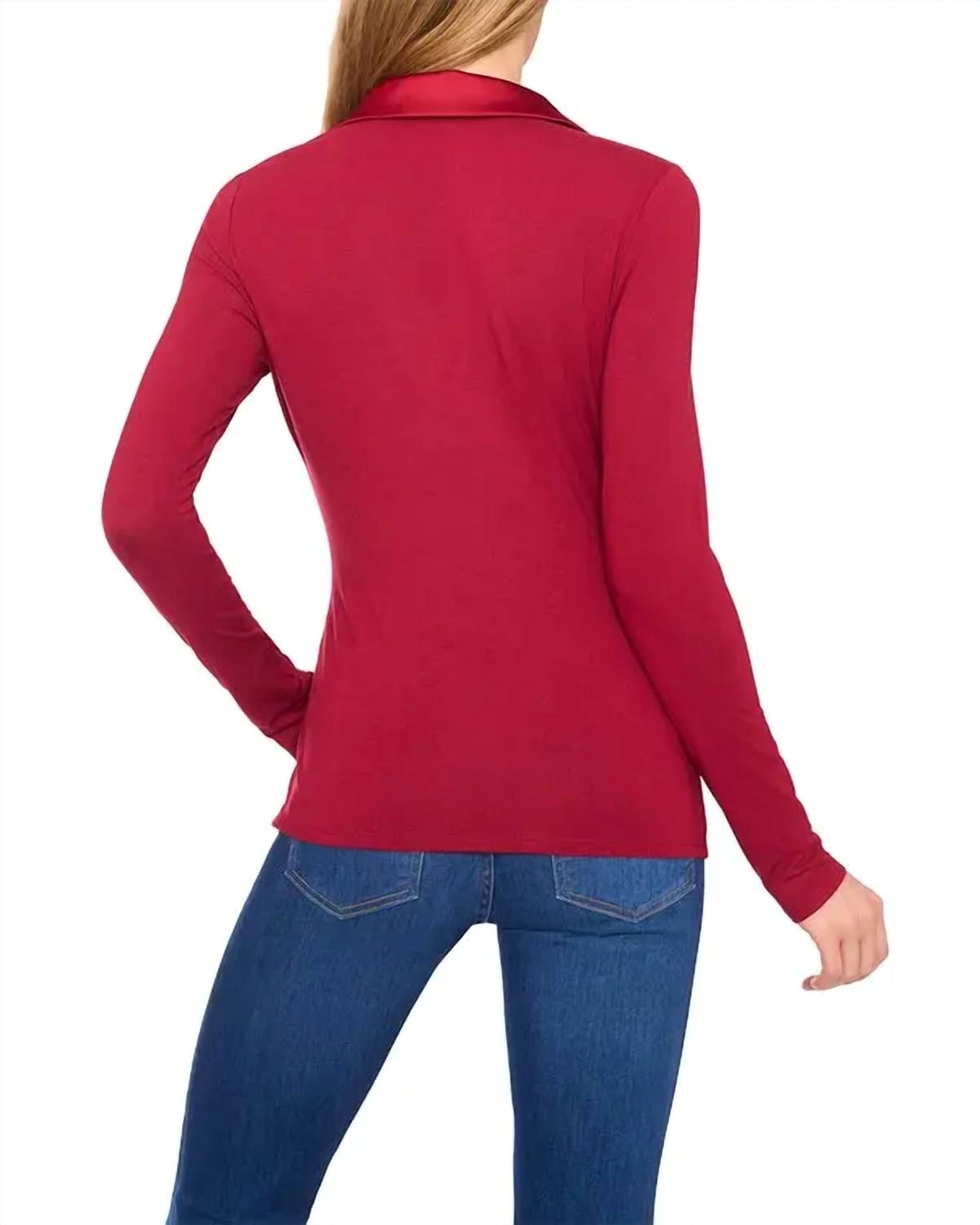 Collared V-neck Long Sleeve Jersey With Satin Detail Top