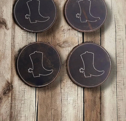 Western Linens - Boot Tooled Leather Coasters Set - Rack Hunt