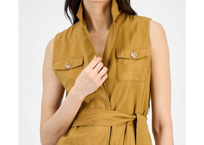 Sleeveless Tie-waist Patch-pocket Jacket