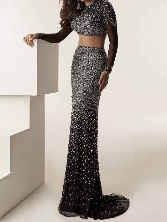 Long Sleeve Ornate Two-piece Sheath Gown