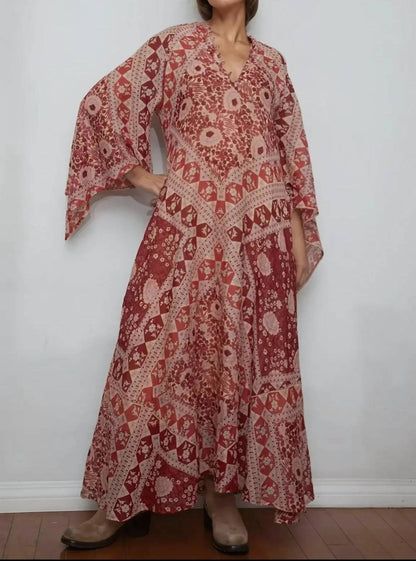 Audrey Printed Butterfly Sleeves Maxi Dress