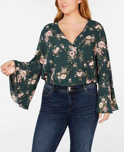 Women's Plus Size Cropped Floral Print Surplice Top