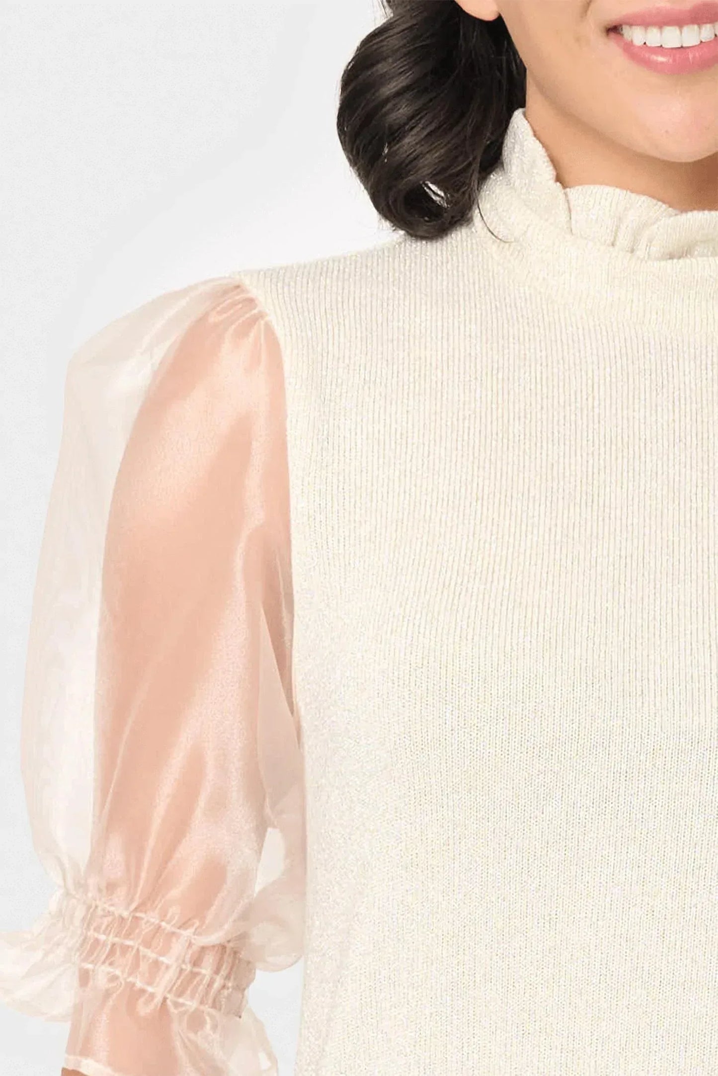 Gibsonlook - Feminine Ruffle Top with Organza Puff Elbow Sleeve - Rack Hunt