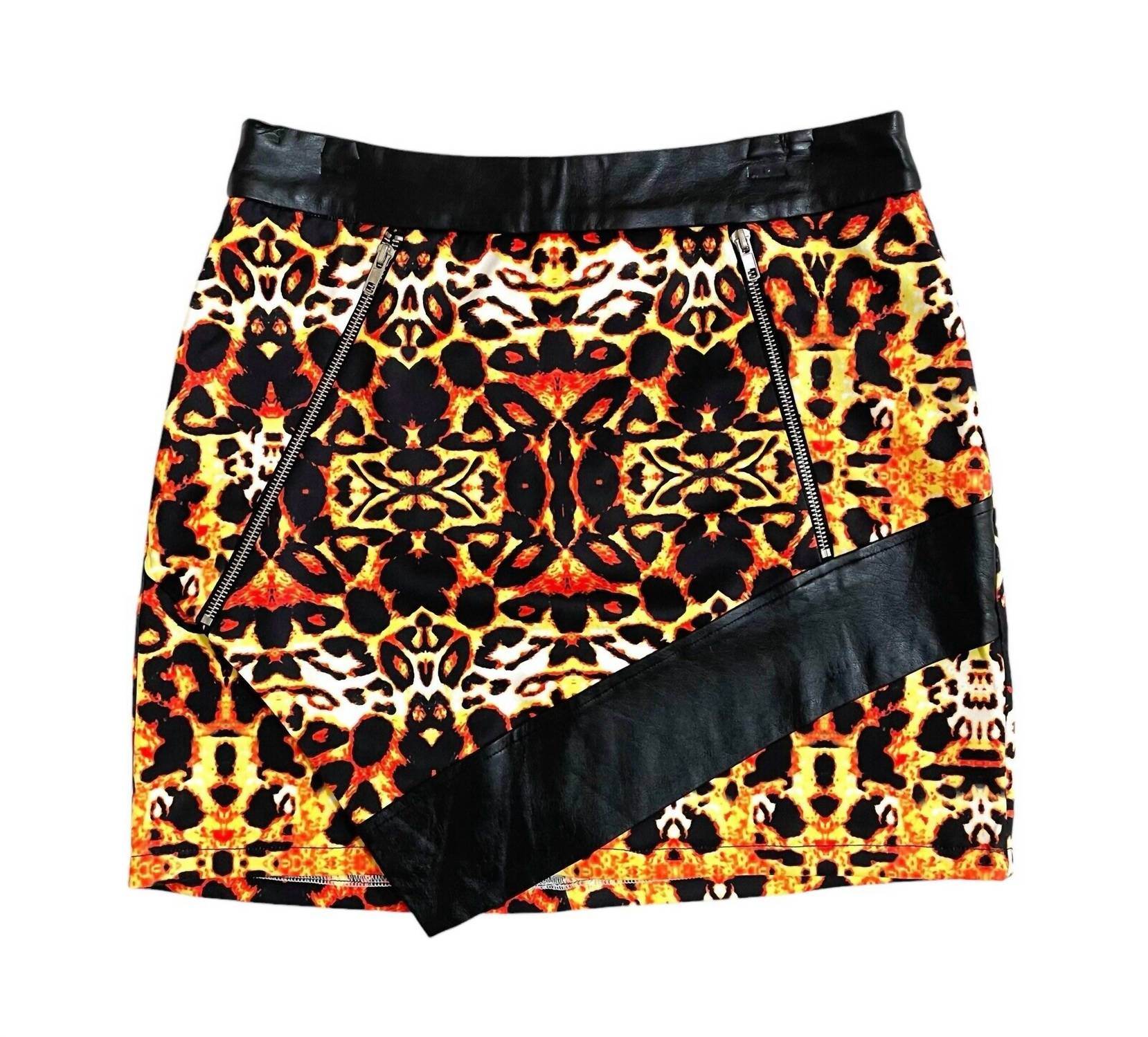 Pure Hype - Women's Animal Print A Line With Faux Leather Trim Zippers Mini Skirt - Rack Hunt -
