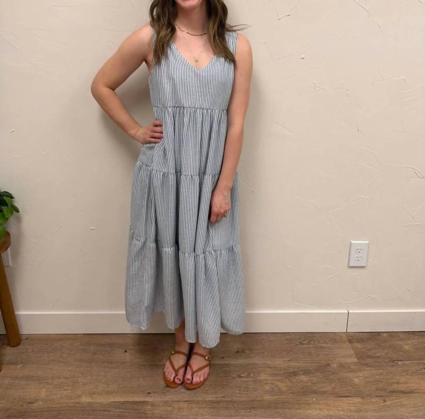 V-neck Sleeveless Tiered Stripe Midi Dress