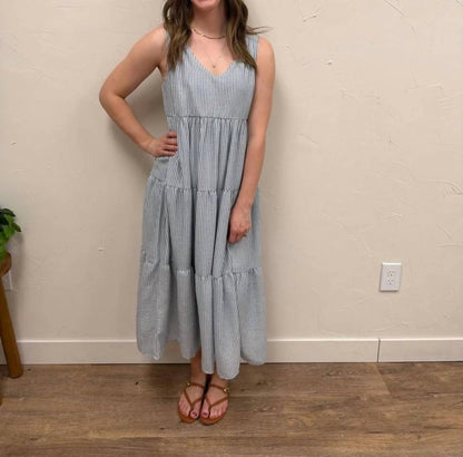 V-neck Sleeveless Tiered Stripe Midi Dress