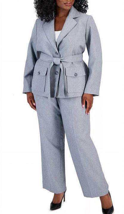 Belted Safari Jacket Pantsuit Set - Plus