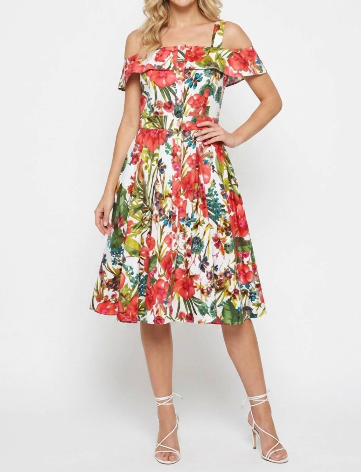 Floral Cold-shoulder Fit And Flare Party Dress