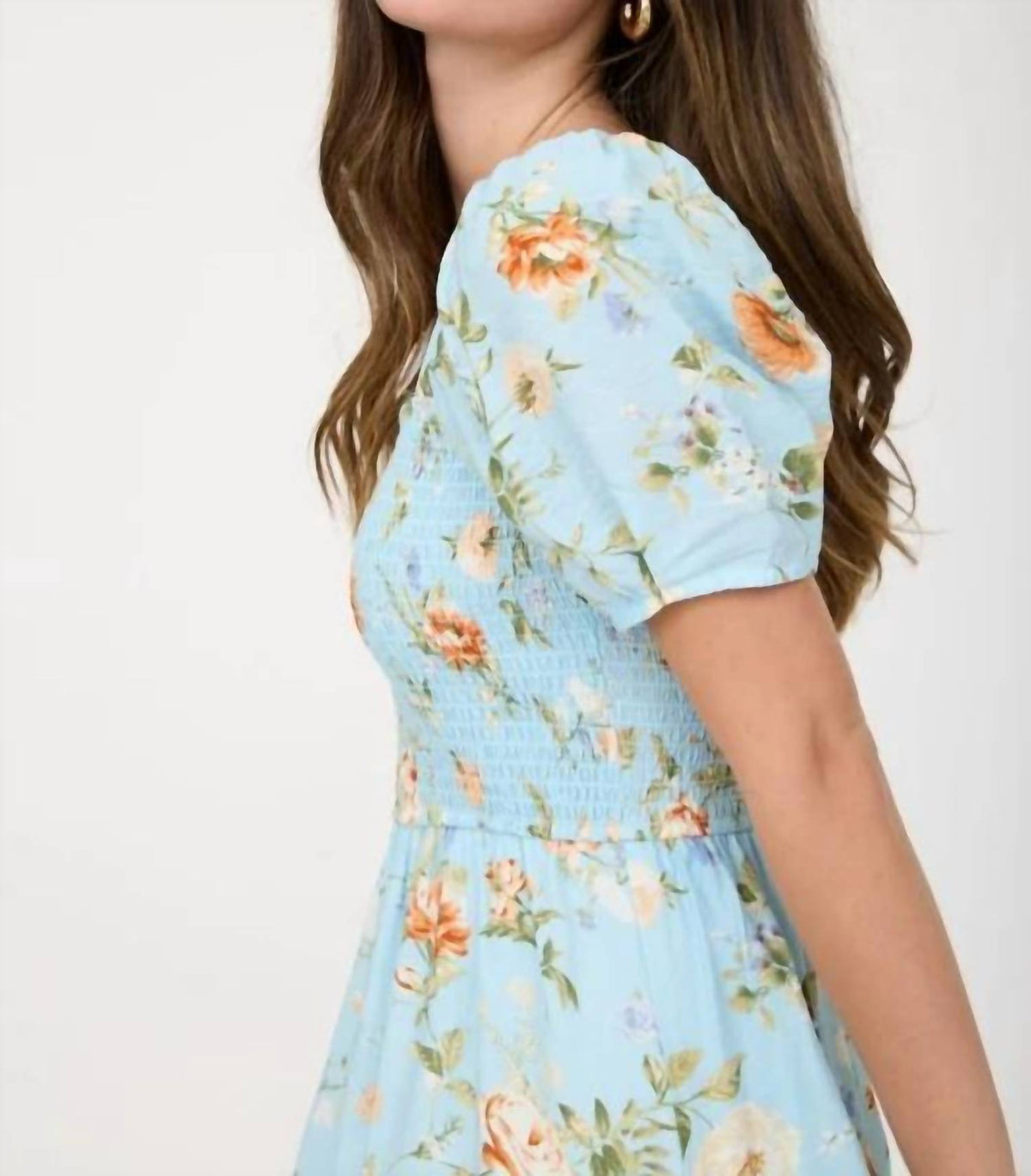Floral Smocked Puff Sleeve A-line Midi Dress