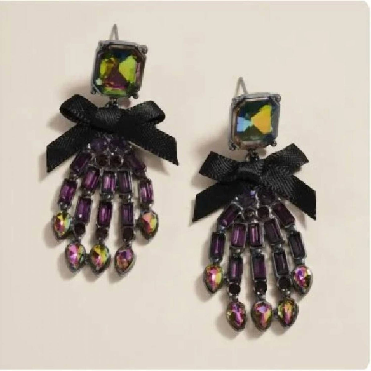 Women's Rhinestone Skeleton Hand Bow Earrings