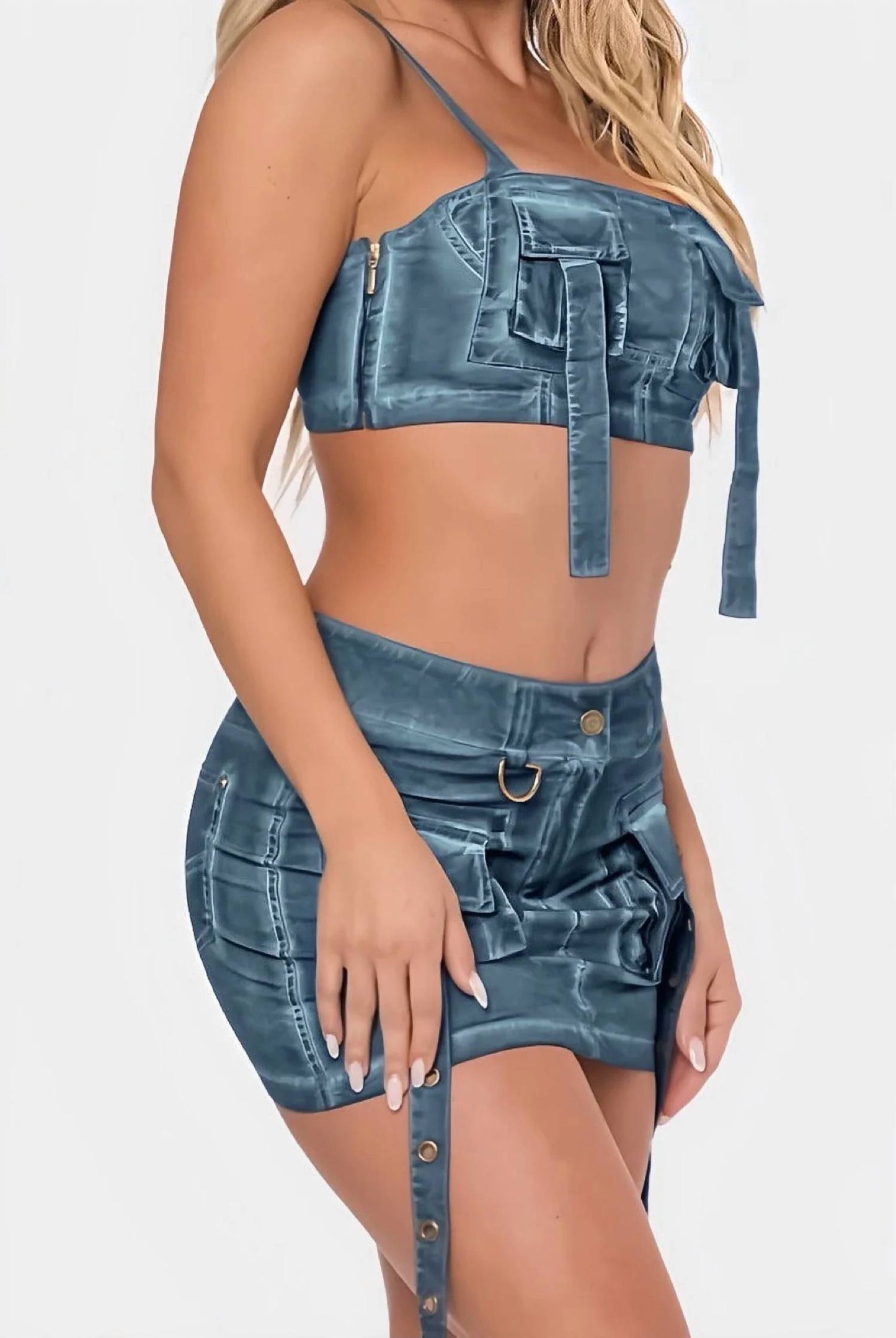 Queen Me - Matching Cargo Detail Denim Print Mini Skirt Set