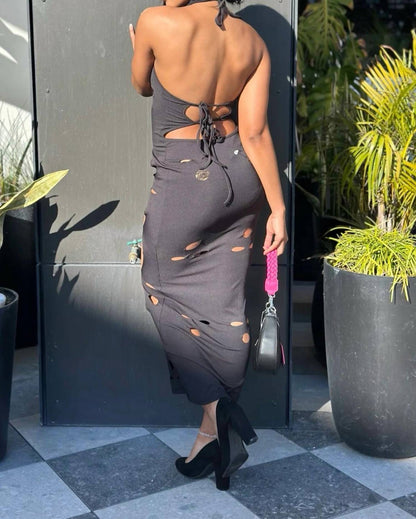 Don't Watch The Clock - Cut Out Halter Back Cut Out Maxi Dress