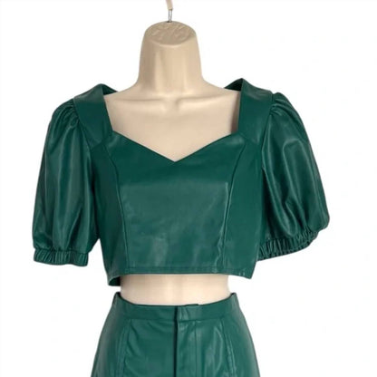 Women's Faux Leather Puff Sleeve Crop Top & Midi Skirt Set