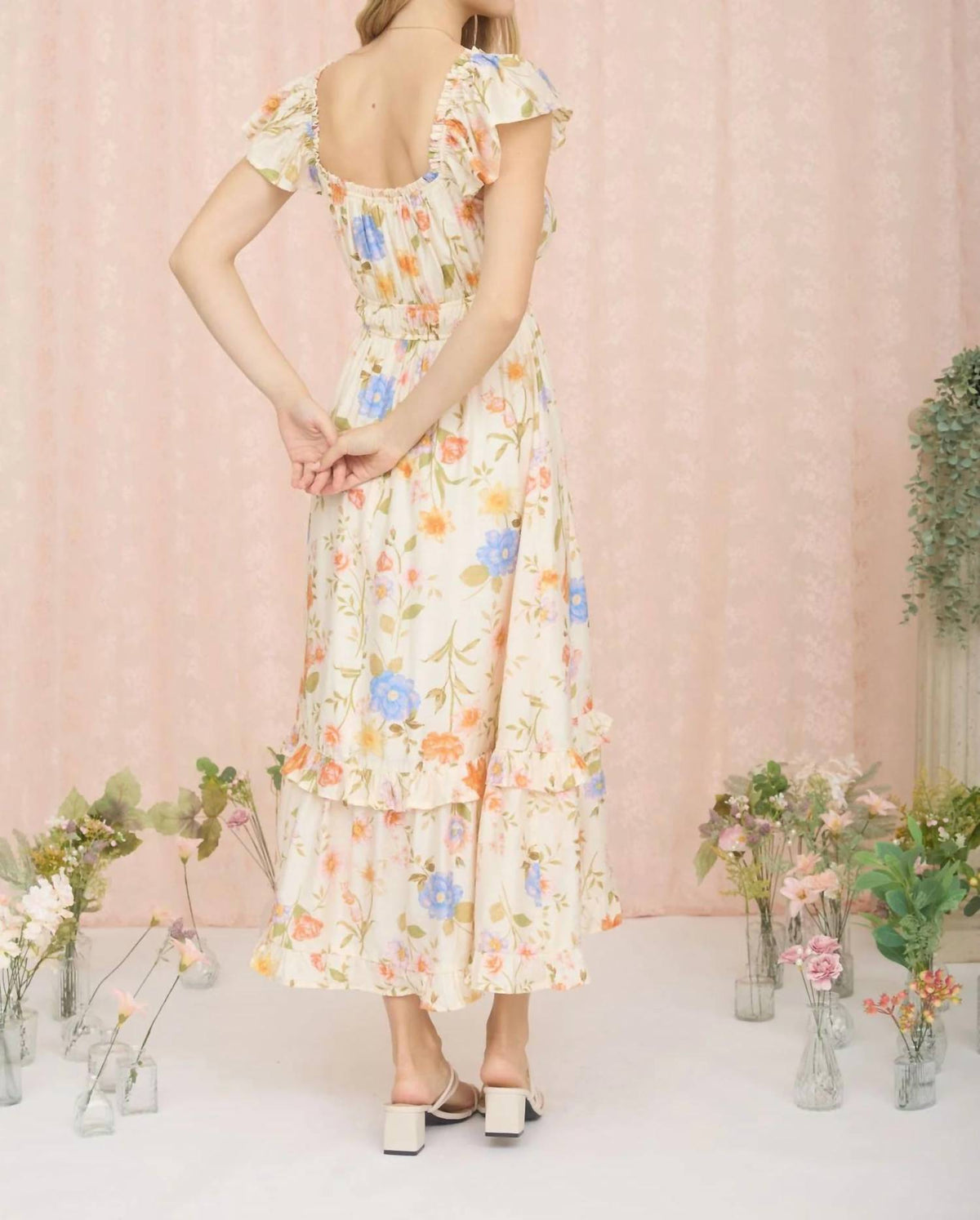 Floral Scoop Neck Ruffle Short Sleeve Midi Dress
