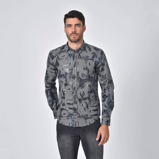 Snake Print Foil Jacquard Button Down Shirt With Trim