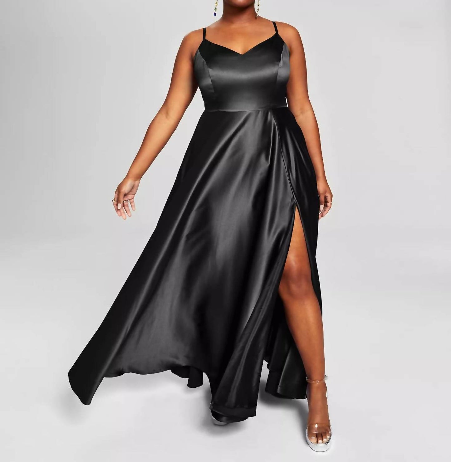 Plus Size Satin Sleeveless Front-Slit Gown