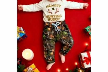 Lulu Clothes - Baby Boys' Newest Hunting Buddy Romper, Pants & Hat Set - Rack Hunt