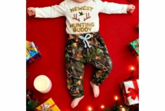 Lulu Clothes - Baby Boys' Newest Hunting Buddy Romper, Pants & Hat Set - Rack Hunt -