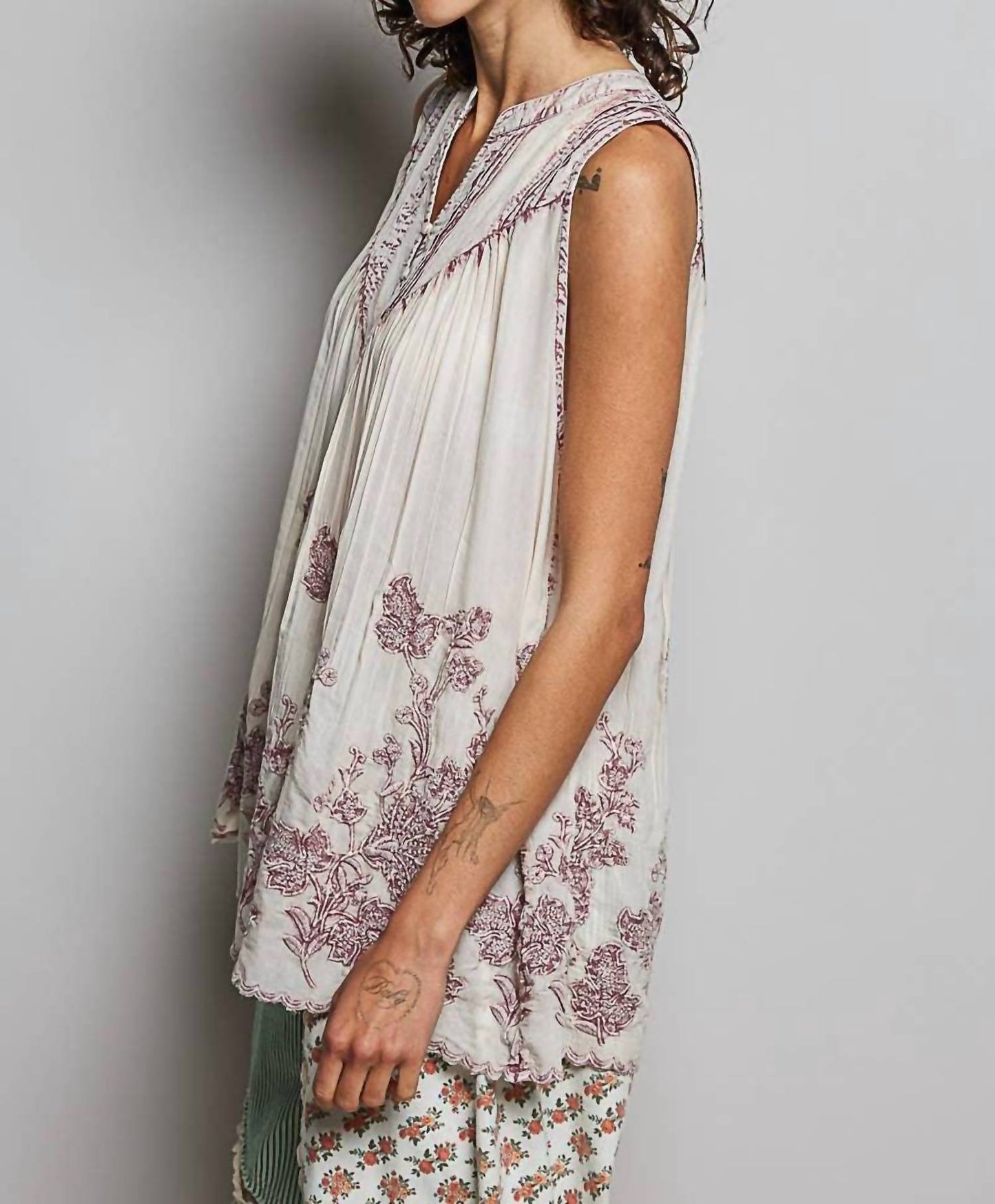 Embroidered V Neck Sleeveless Elastic Loop Shirring Top