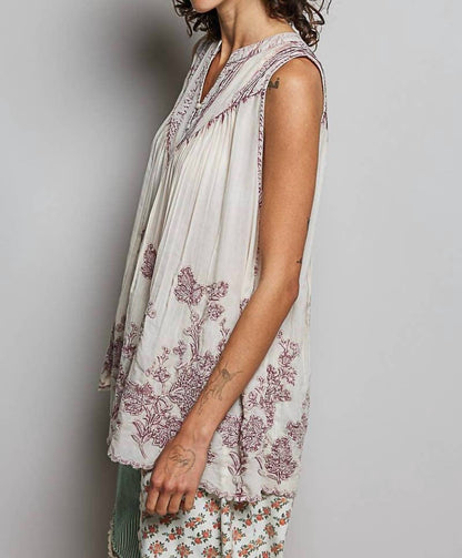Embroidered V Neck Sleeveless Elastic Loop Shirring Top
