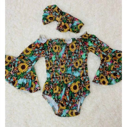 Girl's Sunflower Western Bell Sleeve Onesie & Headband Set