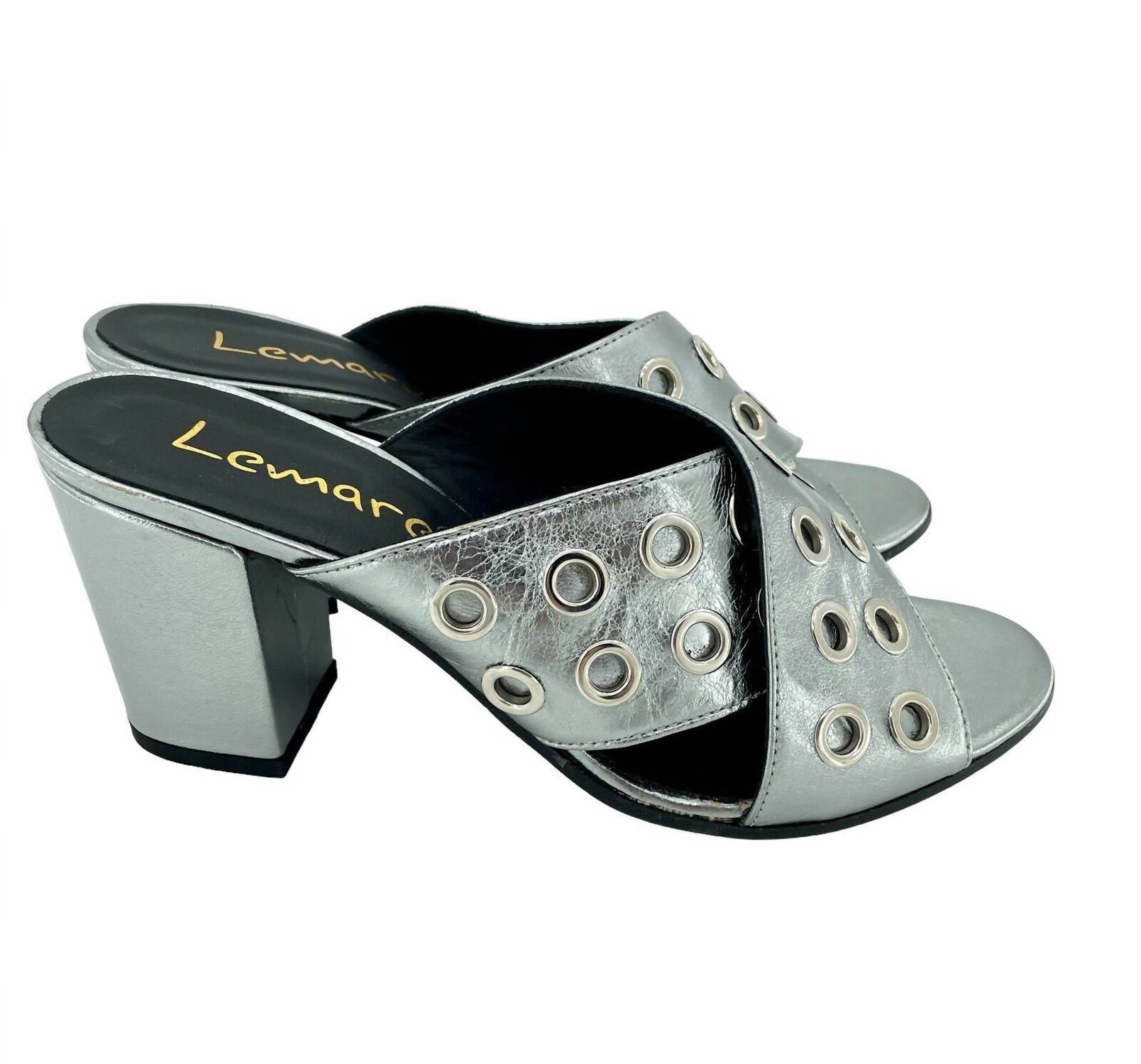 LEMARÉ - Women's Metallic Cross Grommet Block Heel Sandals - Rack Hunt