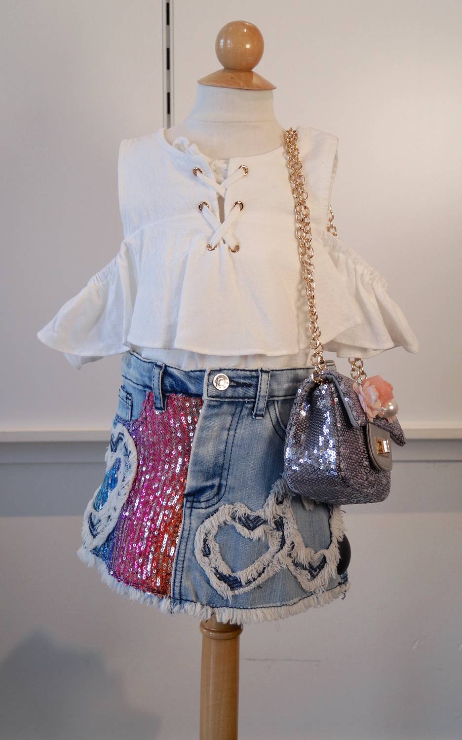 Girl's Denim Skirt With Sequin And Heart Details