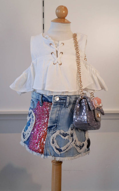 Girl's Denim Skirt With Sequin And Heart Details