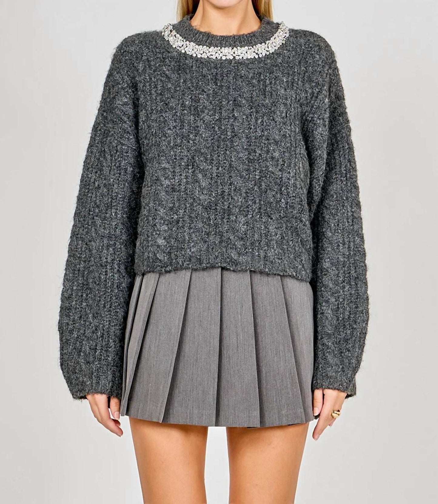 Jewel Embroidered Cable Knit Chunky Sweater