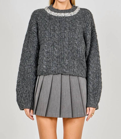 Jewel Embroidered Cable Knit Chunky Sweater