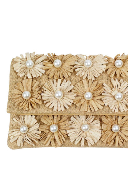 Women's Jute Raffia With Pearls Clutch