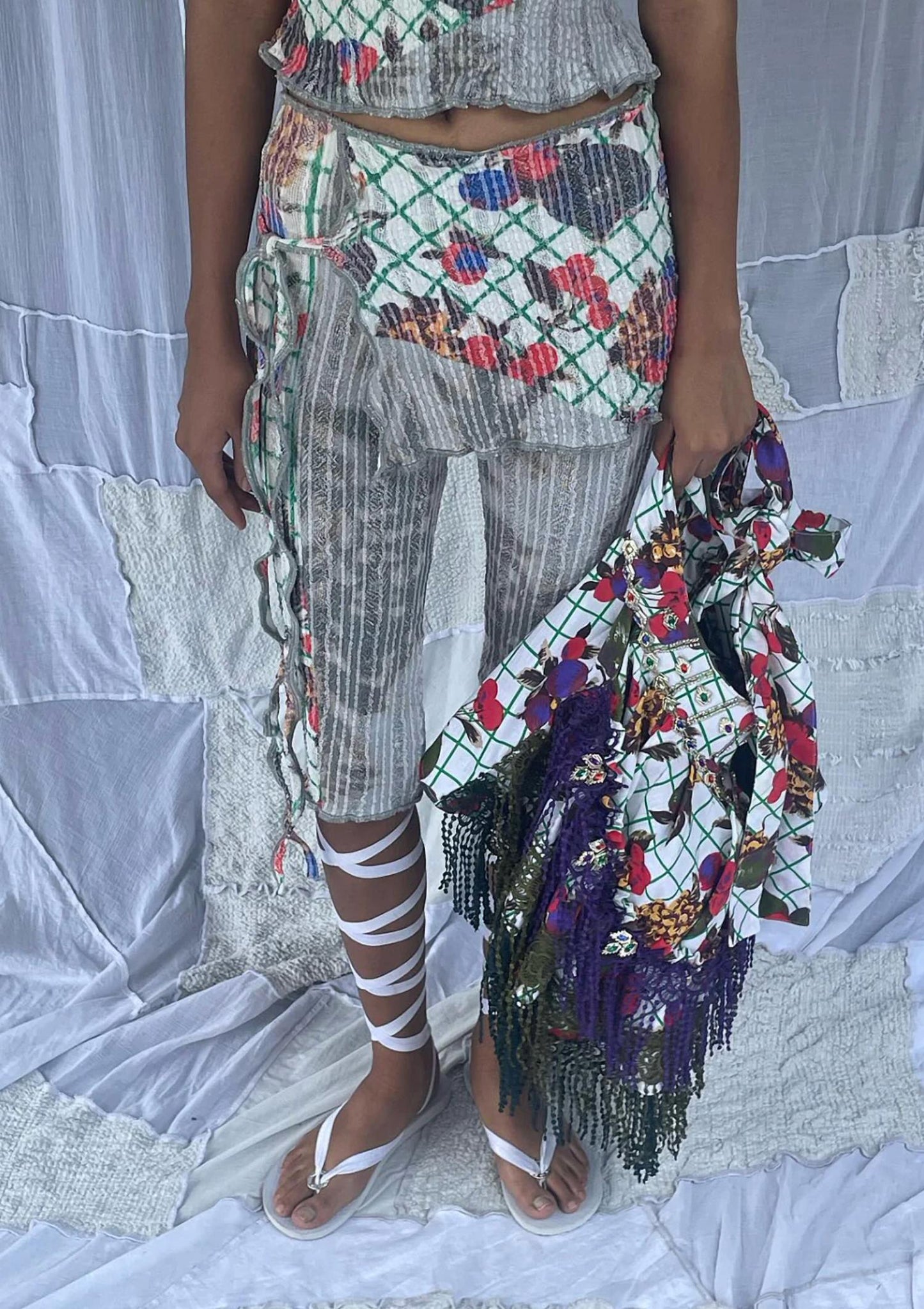 Tablecloth Stretch Weave Mini Skirt Over Capri Pants