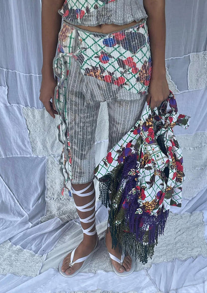 Tablecloth Stretch Weave Mini Skirt Over Capri Pants
