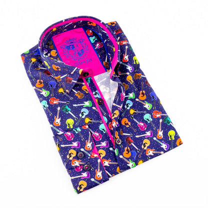 Funky Guitars Button Down Print Shirt With Trim