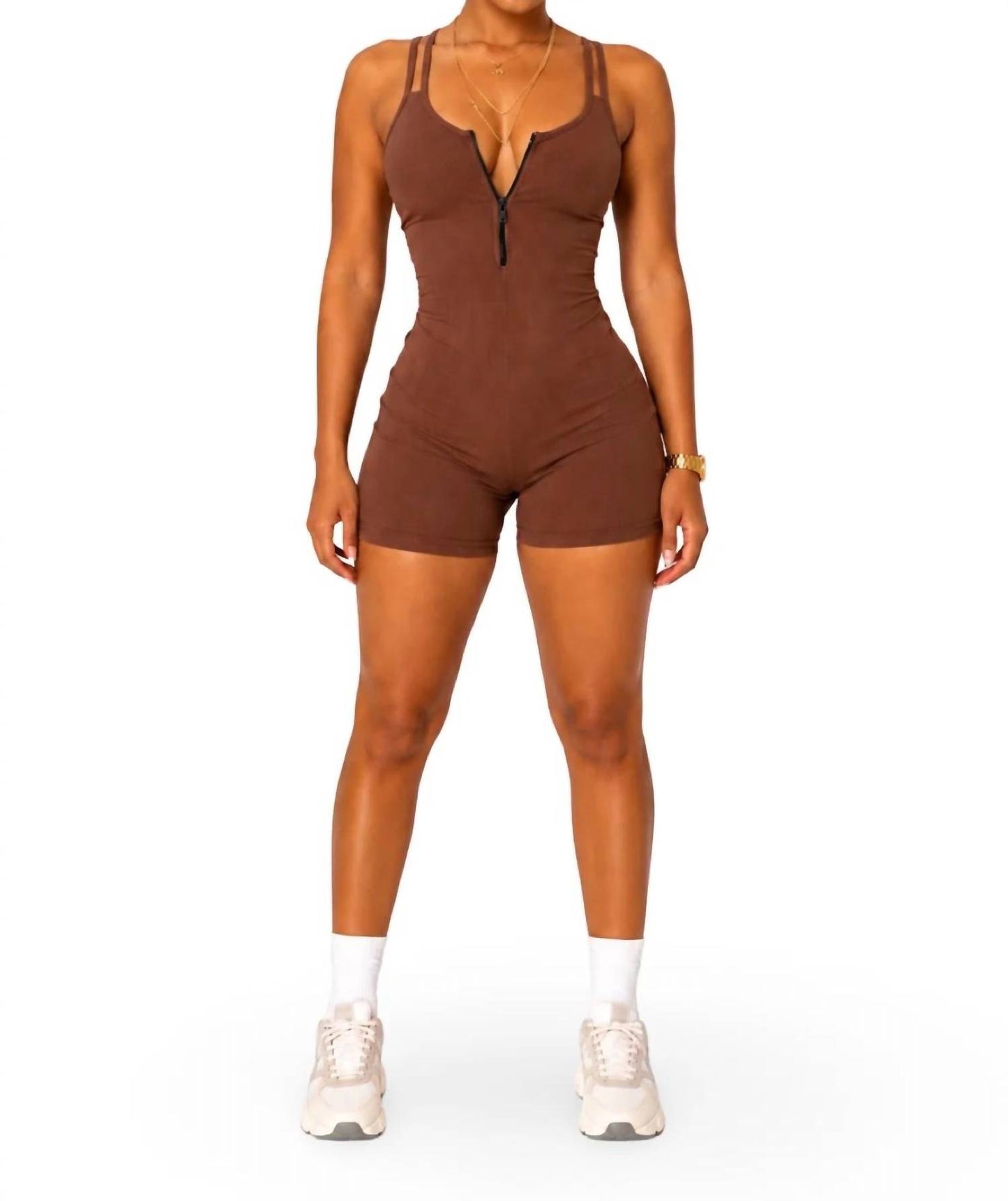 On a Daily Stretchy Spaghetti Strap Zip Up Romper