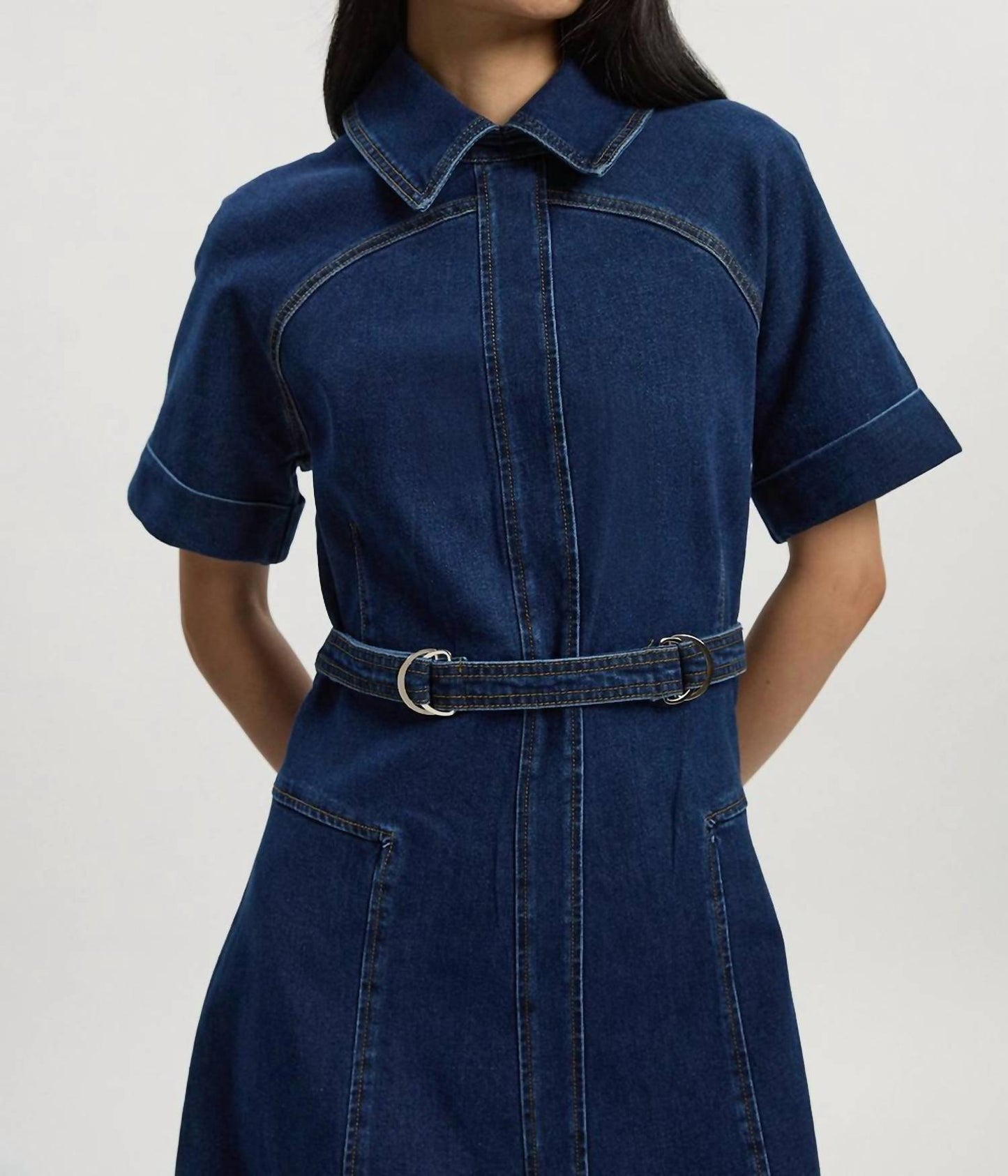 Stretch Denim Tab Belt Midi Dress - Petite