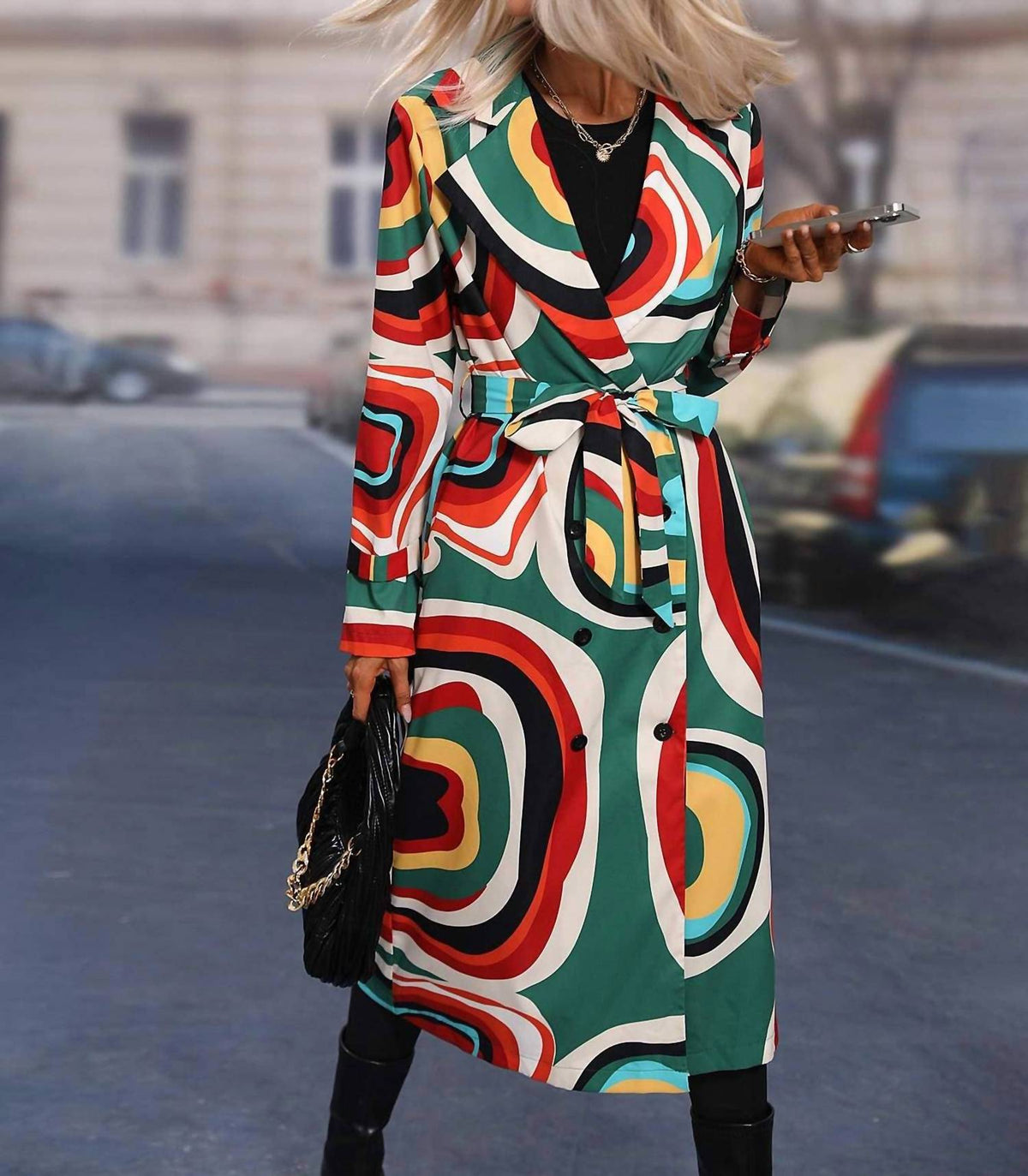 Allover Print Double Breasted Belted Trench Coat