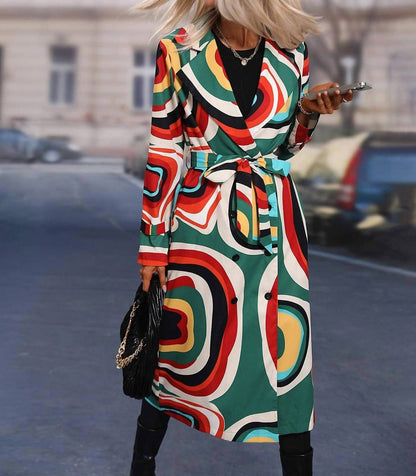 Allover Print Double Breasted Belted Trench Coat