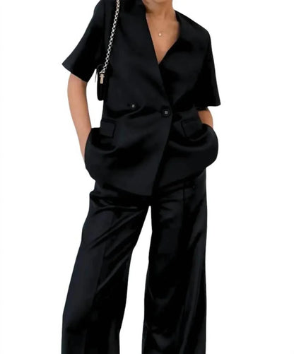 The Cotton Brand - Meredith Double-Breasted Satin Blazer and Pant Set - Rack Hunt