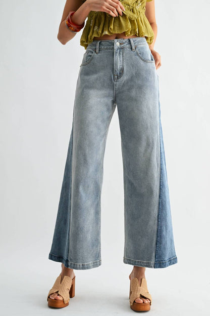 Wide-leg Two-tone High Waist Denim Jeans