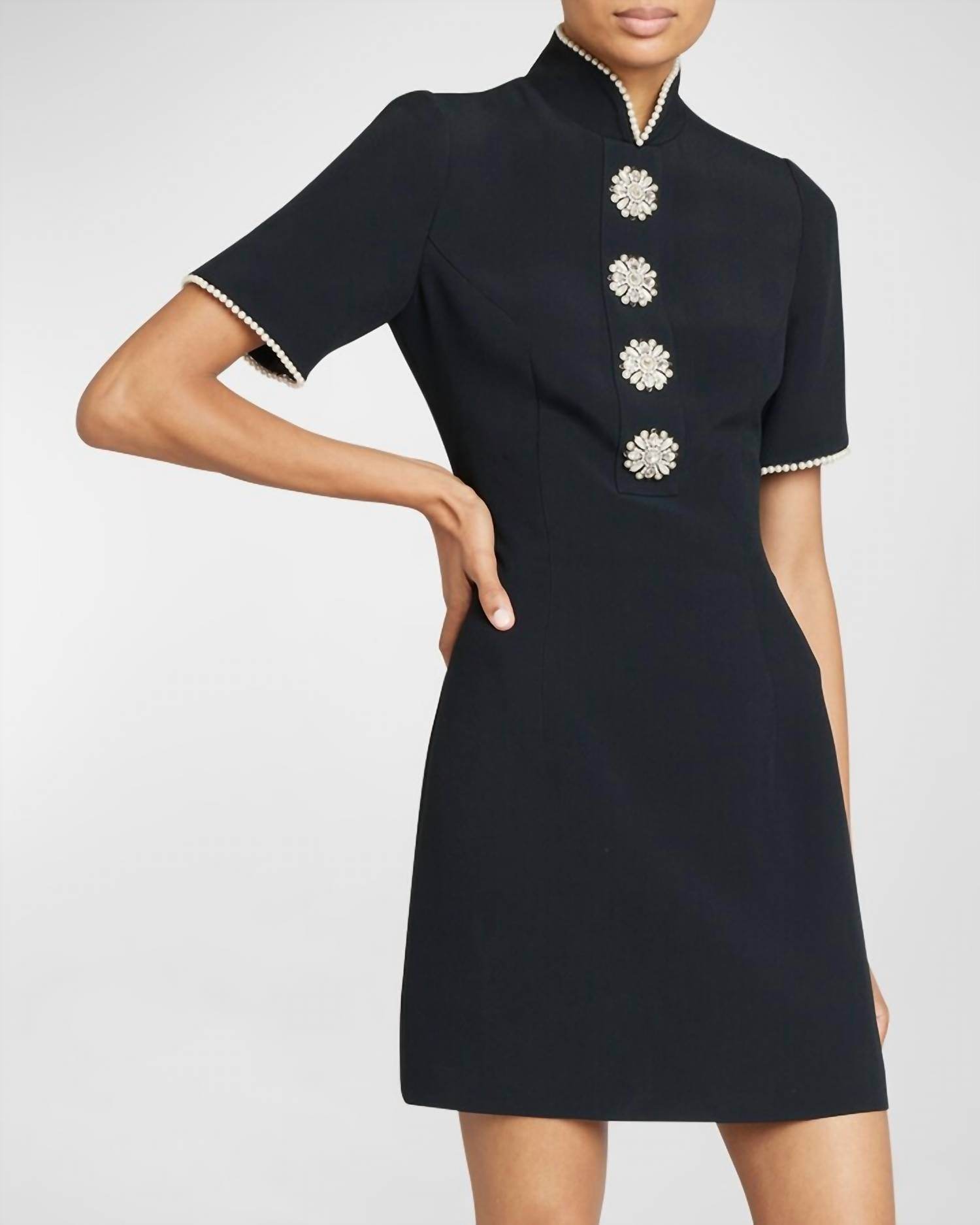 Andrew GN - Woven Short Sleeve Dress With Pearl Trim - Rack Hunt -