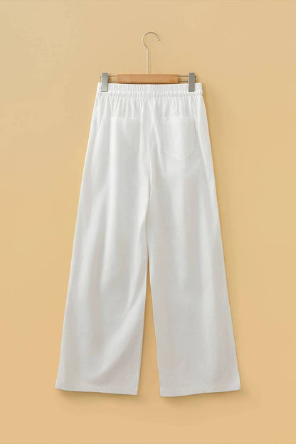 Elastic Waist Button Pleated Detail Wide Leg Pants