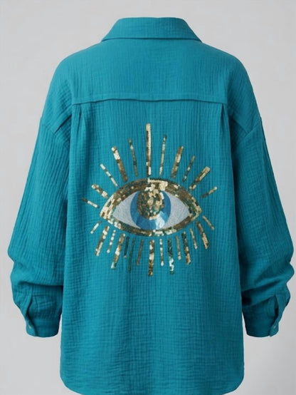 Women's Oversized Evil Eye Gauze Cotton Button Shirt