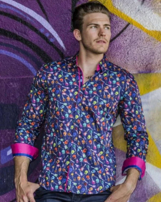Funky Guitars Button Down Print Shirt With Trim