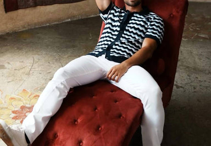 The Ripple Crochet Short Sleeve Button Up Polo Shirt
