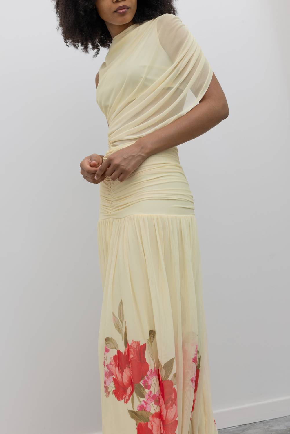Lemon Floral Hem Draped Maxi Dress