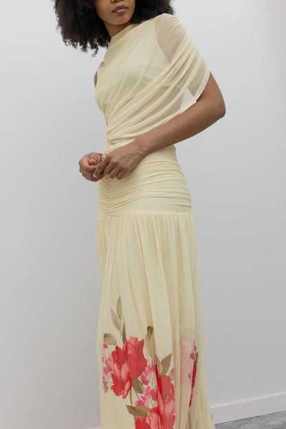 Lemon Floral Hem Draped Maxi Dress