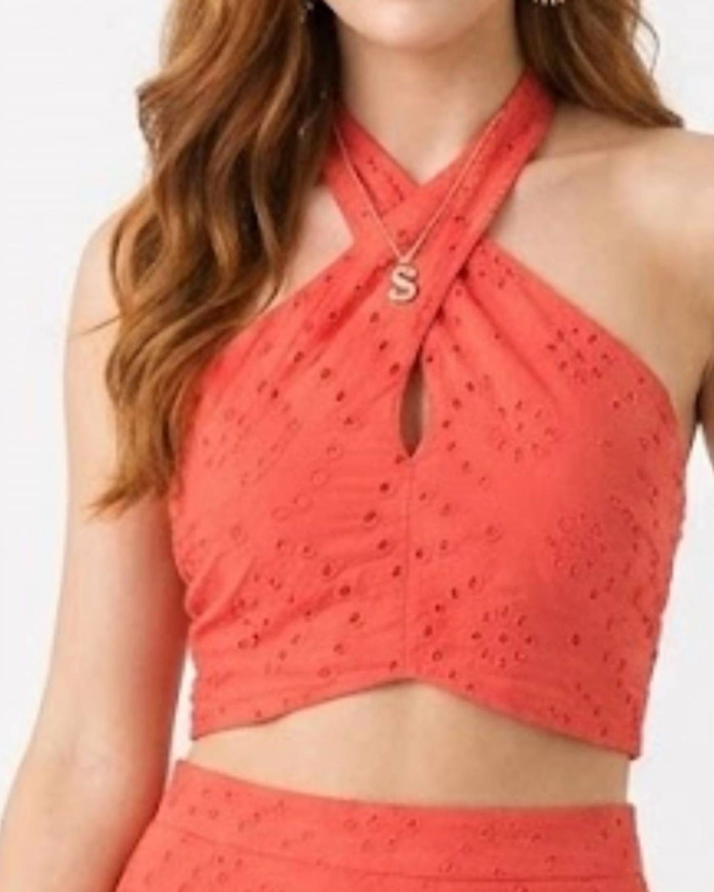 Eyelet Halter Top And Midi Skirt Set