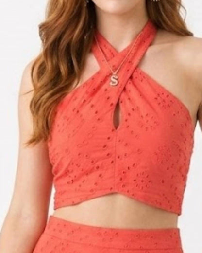 Eyelet Halter Top And Midi Skirt Set